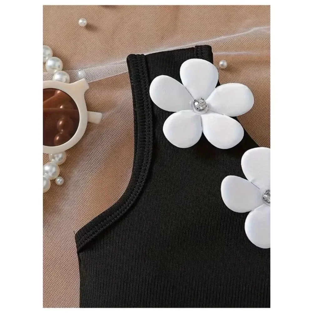 Petal Pop 2pc Set – Black & White Tank and Shorts with 3D Flower Embellishments